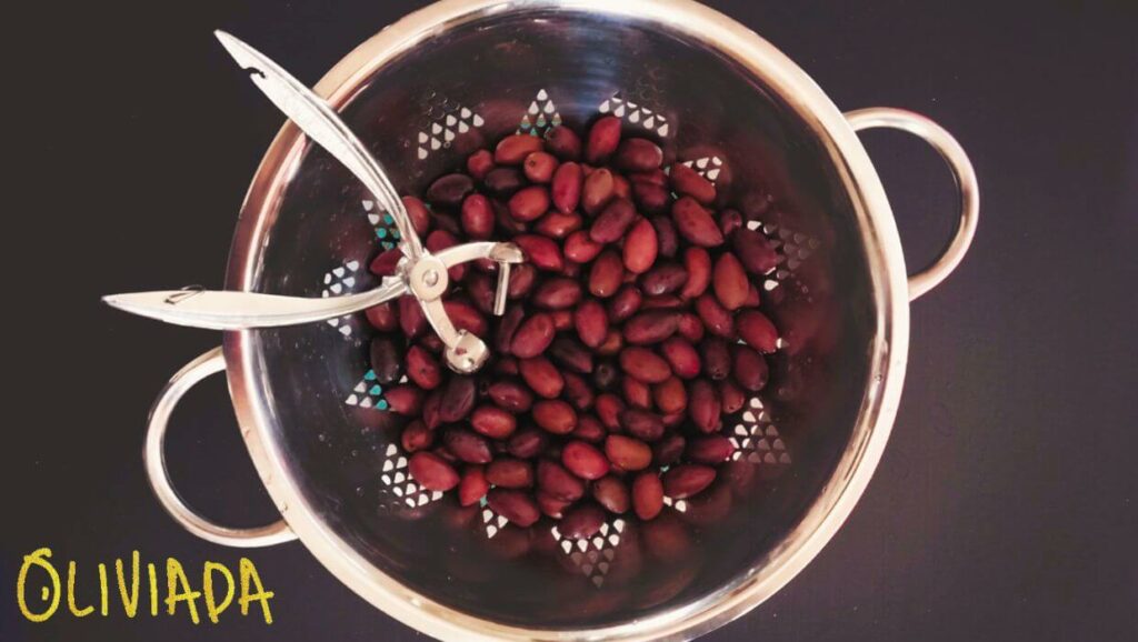 Make olive oil at home with freshly harvested Kalamata olives in a strainer and an olive pitter nearby, ready for processing.