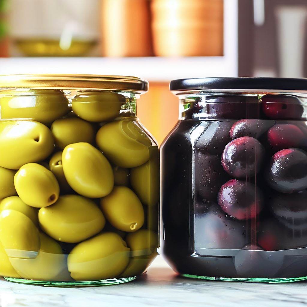 black olive and green olives in a brine in a jar