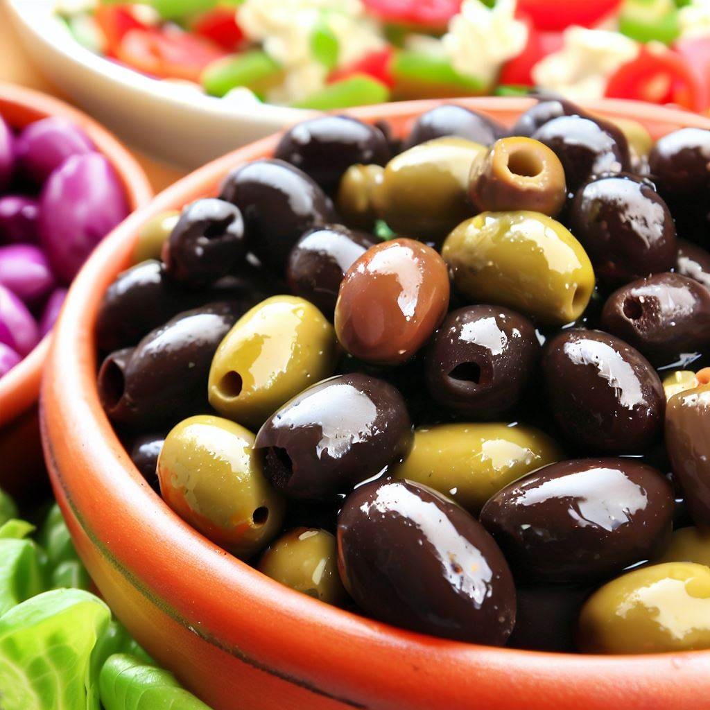 green and black olives in a bowl