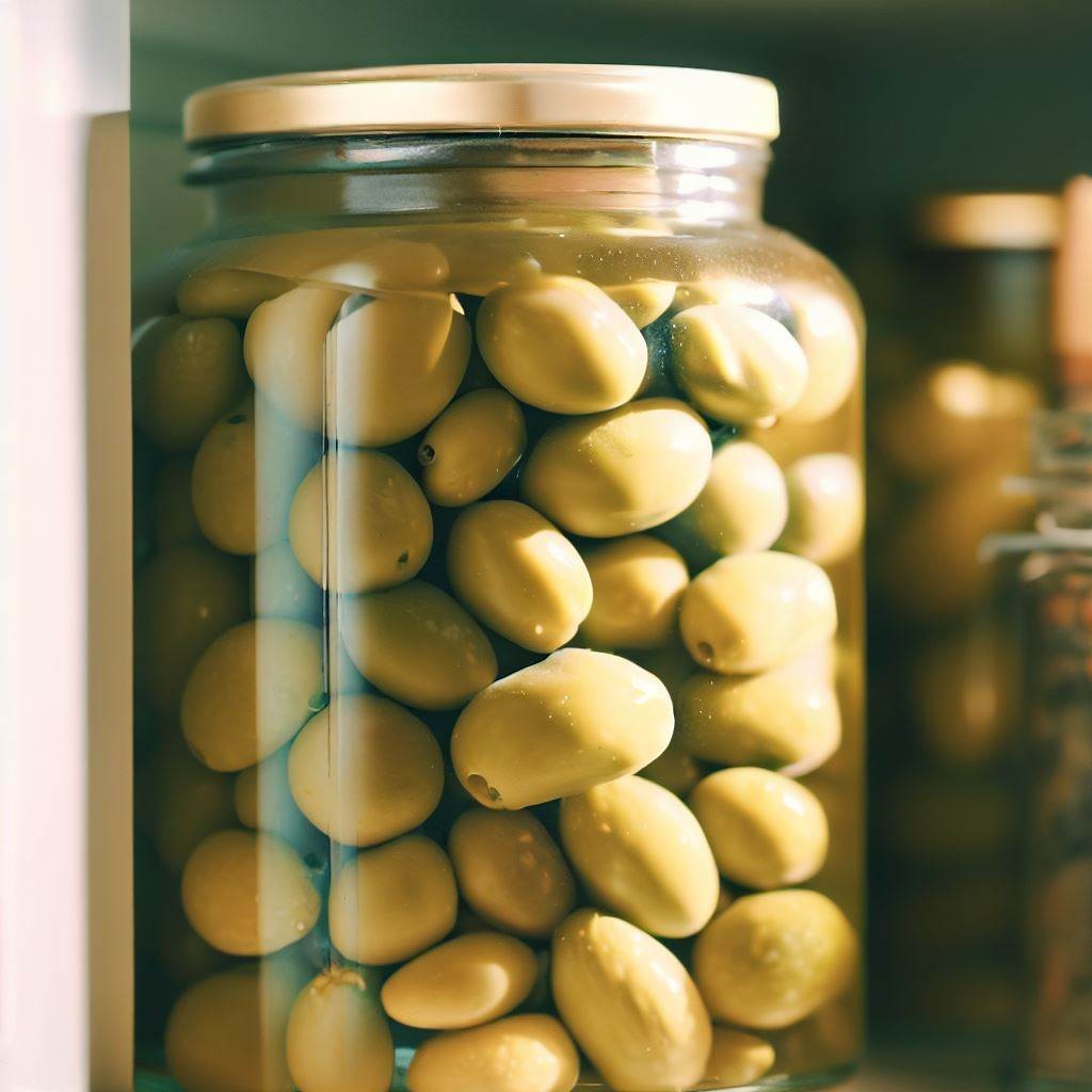green olives in salt curing in a jar